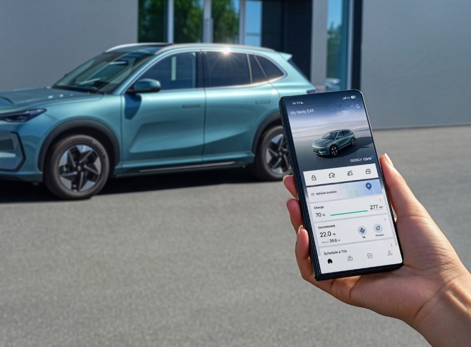 Aplikacja mobilna GEELY pokazująca status auta